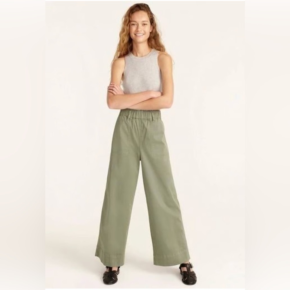 J Crew Pull-On Wide-Leg Chino Pants, Green, Size S